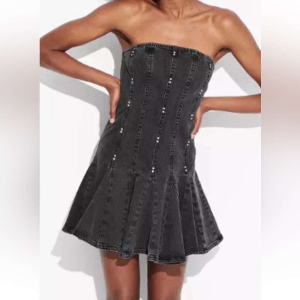 Wild Fable Black Strapless Denim Pleated Dress